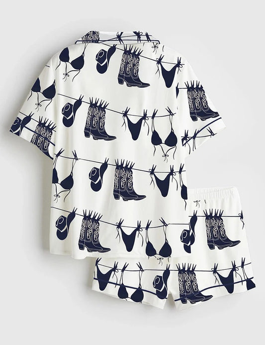 Women’s Coastal Western Cowgirl Bikini Art Print Navy Bikini Hanging Beach Print Short Sleeve Satin Pajama Set