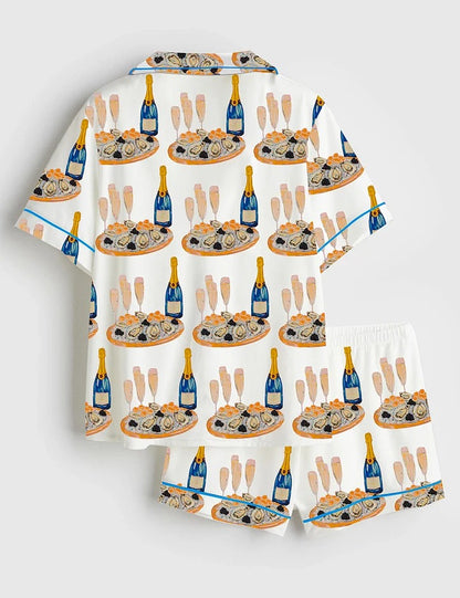 Women's Champagne Glasses Caviar Short Sleeve Satin Pajama Set