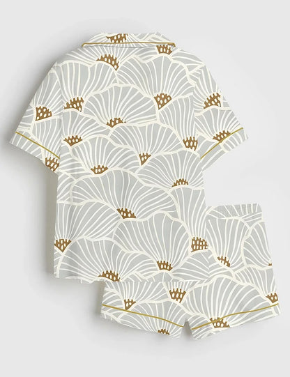 Women’s Neutral Flowers Modern Geometric Soft Lines Art Print Short Sleeve Satin Pajama Set