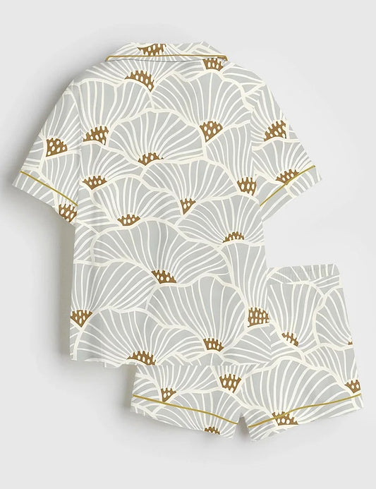 Women’s Neutral Flowers Modern Geometric Soft Lines Art Print Short Sleeve Satin Pajama Set