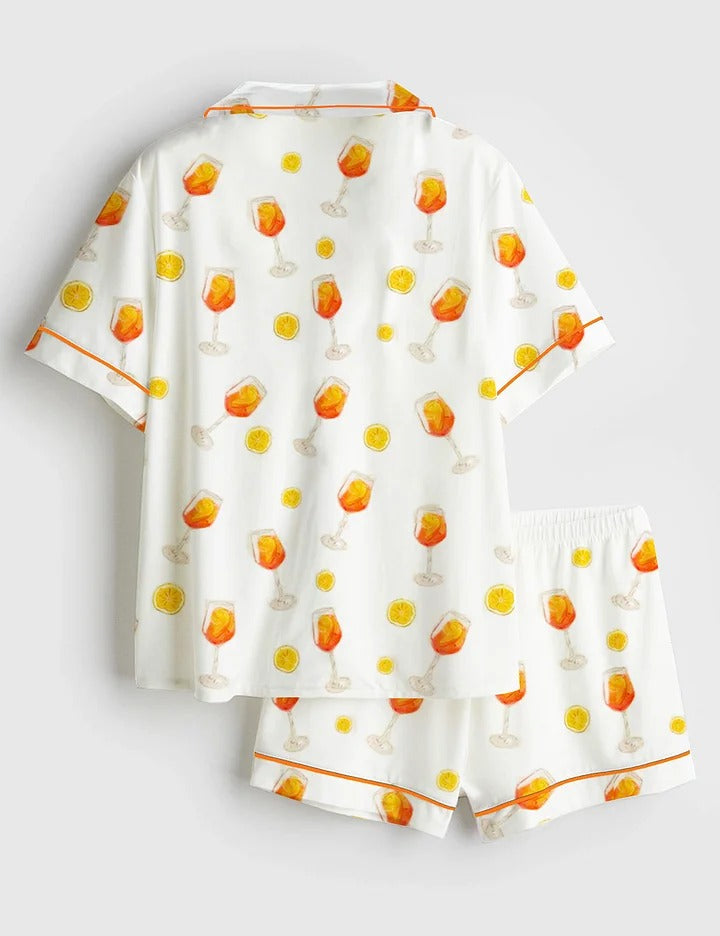 Women's Apawrol Spritz Aperol Spritz Trio Orange Drinks Bottle Wine Short Sleeve Satin Pajama Set