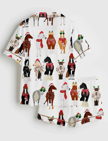 Women's Funny Horse Christmas Short Sleeve Satin Pajama Set
