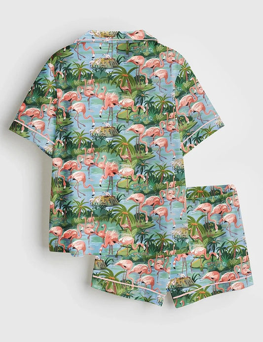 Women’s Flamingo Lagoon Summer Beach Plant Short Sleeve Satin Pajama Set