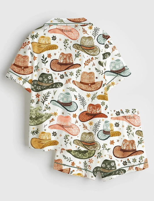 Women's Cowboy Hats Whimsical West Theme Short Sleeve Satin Pajama Set