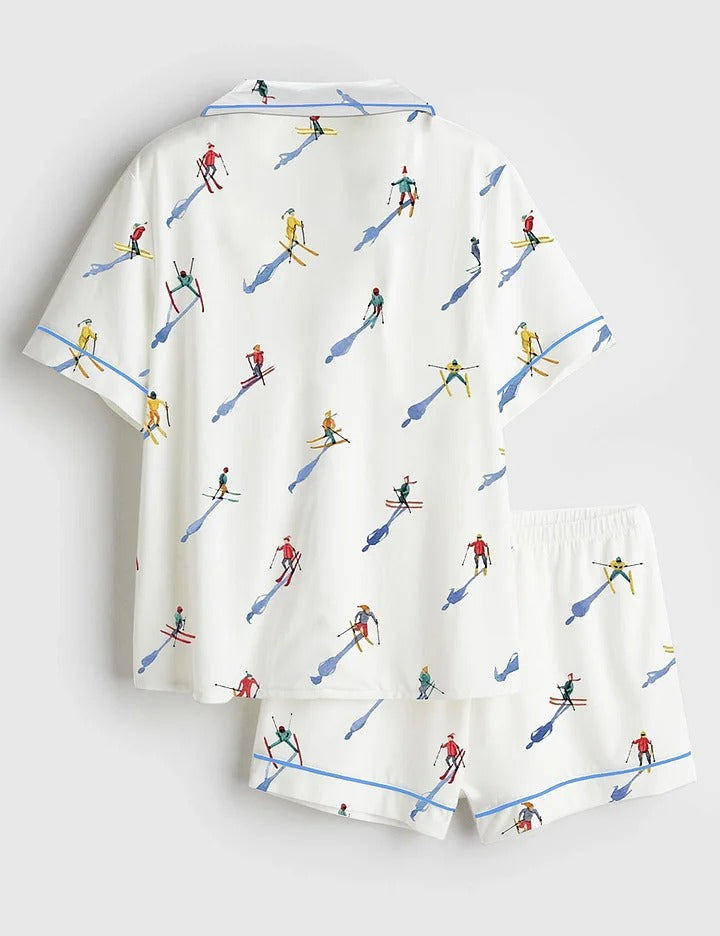 Women’s Apres Ski Mini Skier Minimalist Watercolor Ski Print Short Sleeve Satin Pajama Set