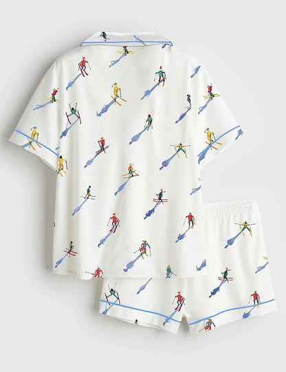 Women’s Apres Ski Mini Skier Minimalist Watercolor Ski Print Short Sleeve Satin Pajama Set