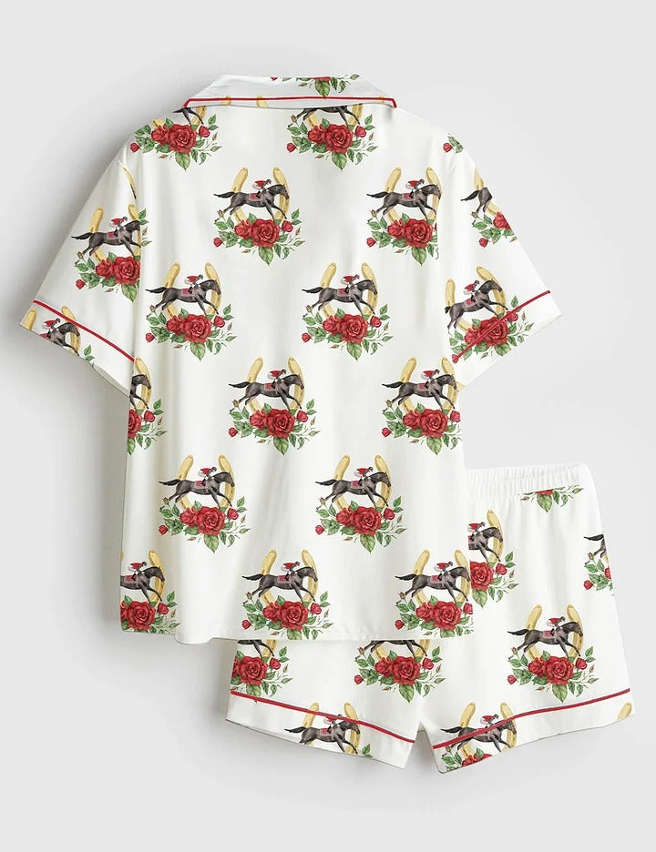 Women’s Kentucky Derby Red Roses Horse Race Western Short Sleeve Satin Pajama Set