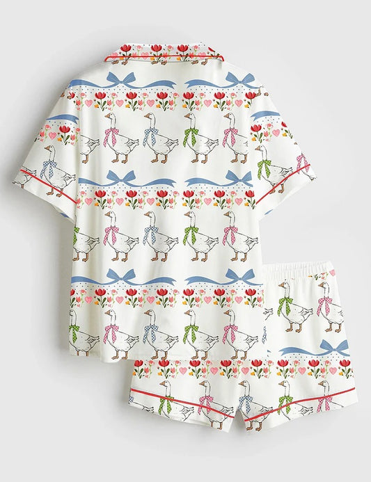 Women’s Vintage Goose Blue Ribon Trendy Cute Goose Print Short Sleeve Satin Pajama Set