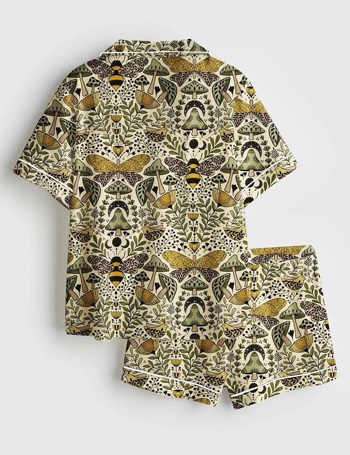 Women’s Large  Scale Natural Habitat of Bees and Moths Wild Grass And Flowers Short Sleeve Satin Pajama Set