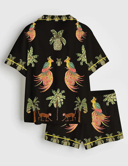 Women’s Coconut Tree Peacock Monkey Plant Short Sleeve Satin Pajama Set