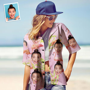Custom Face Hawaiian Shirt for Women Personalized Women's Photo Hawaiian Shirt Gift for Her - Pink Flamingo