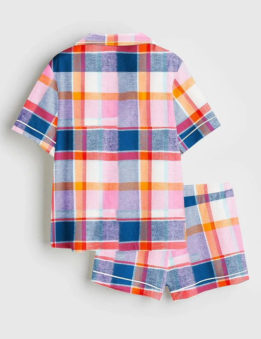 Women's Colorful Plaid Short Sleeve Satin Pajama Set