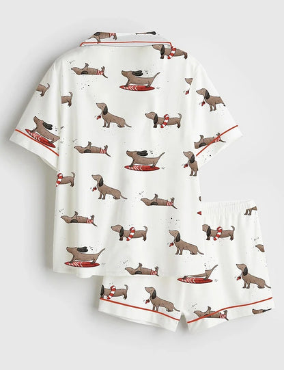 Women’s Dachshund Cute Dog Summer Print Short Sleeve Satin Pajama Set
