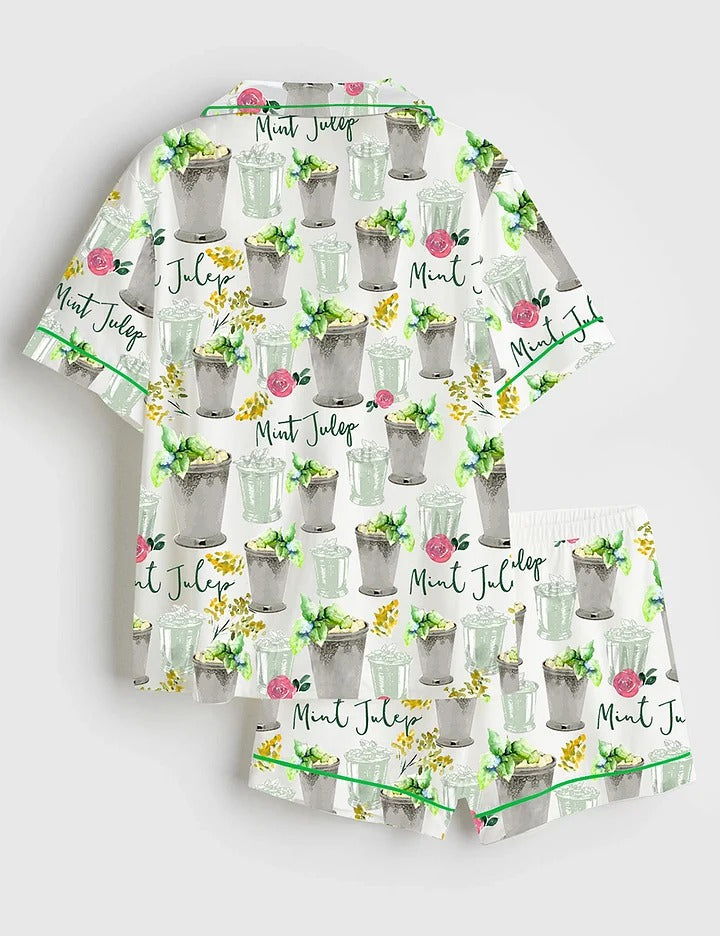 Women’s Kentucky Derby Mint Julep Horse Racing Run For The Roses Short Sleeve Satin Pajama Set