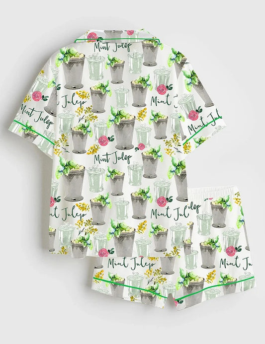 Women’s Kentucky Derby Mint Julep Horse Racing Run For The Roses Short Sleeve Satin Pajama Set