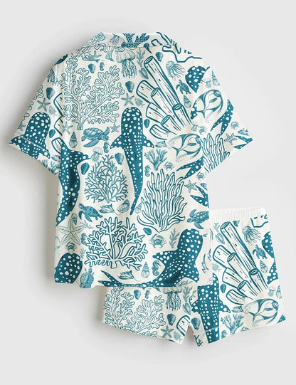 Women’s Whale Shark Coral Reef Ocean Coastal Marine Summer Beach Vibes Print Short Sleeve Satin Pajama Set