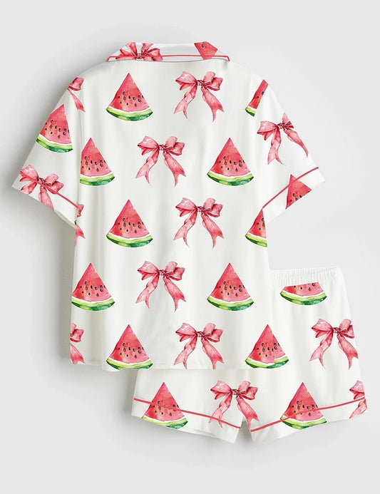 Women’s Coquette Watermelon Trendy Summer Beach Babe Short Sleeve Satin Pajama Set