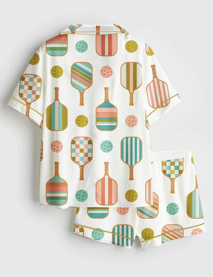 Women’s Pickleball Paddle And Ball Short Sleeve Satin Pajama Set