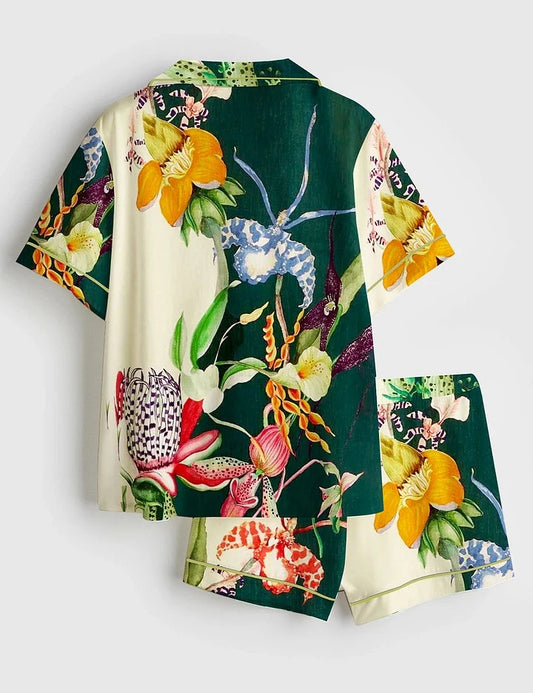Women’s Elegant Bouquet Flowers Plant Short Sleeve Satin Pajama Set