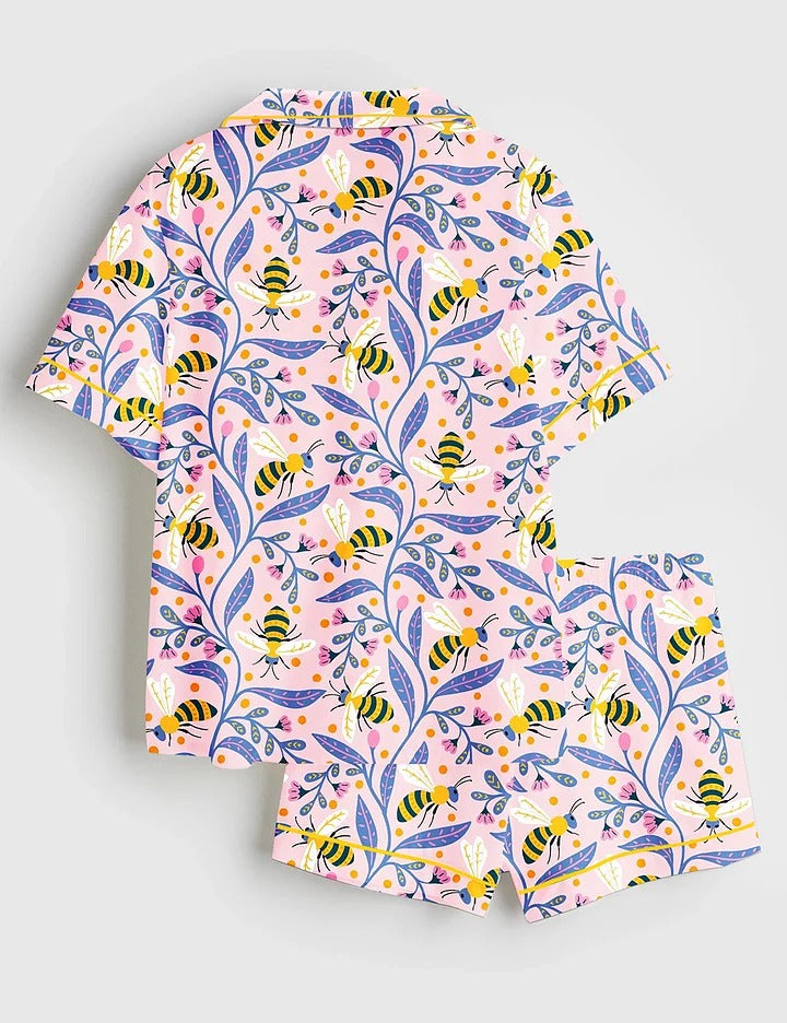 Women's Colorful Bees And Flowers Short Sleeve Satin Pajama Set