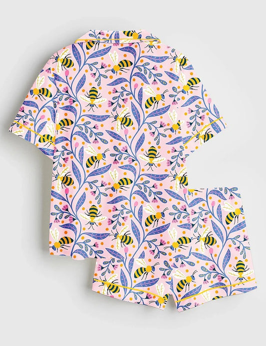 Women's Colorful Bees And Flowers Short Sleeve Satin Pajama Set