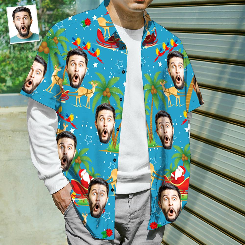 Custom Face Shirt Personalized Photo Men's Hawaiian Shirt Christmas Gift - Santa and Elk