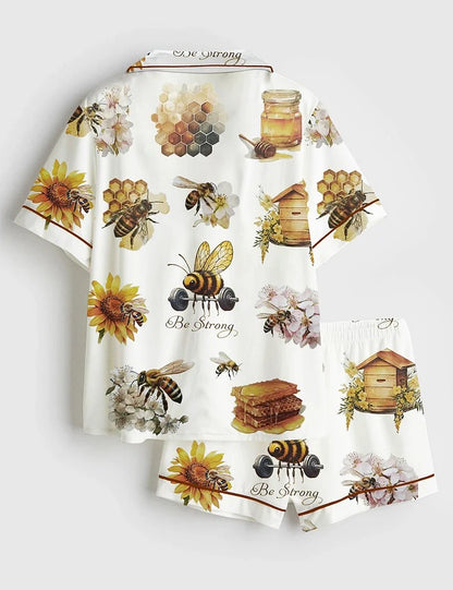 Women's Bee Strong Sunflower Short Sleeve Satin Pajama Set