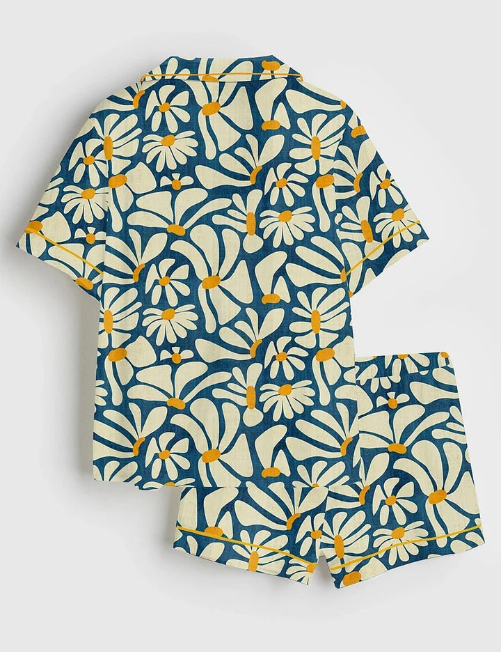 Women’s Retro Daisy Flower Power Blue Floral Vintage Groovy Print Short Sleeve Satin Pajama Set