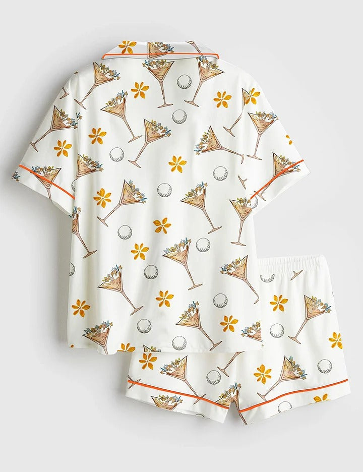 Women’s Golf Girl Golf Lover Martini Golf Print Short Sleeve Satin Pajama Set