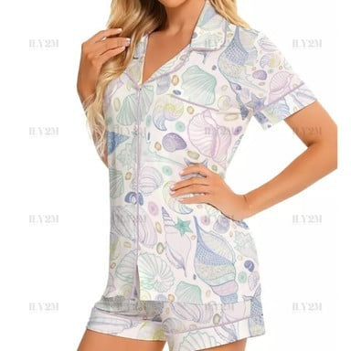 Pastel Seashell Satin Pajama Set – Women’s Soft Ocean-Inspired Summer Sleepwear  Lightweight Cute Loungewear for Beach Lovers