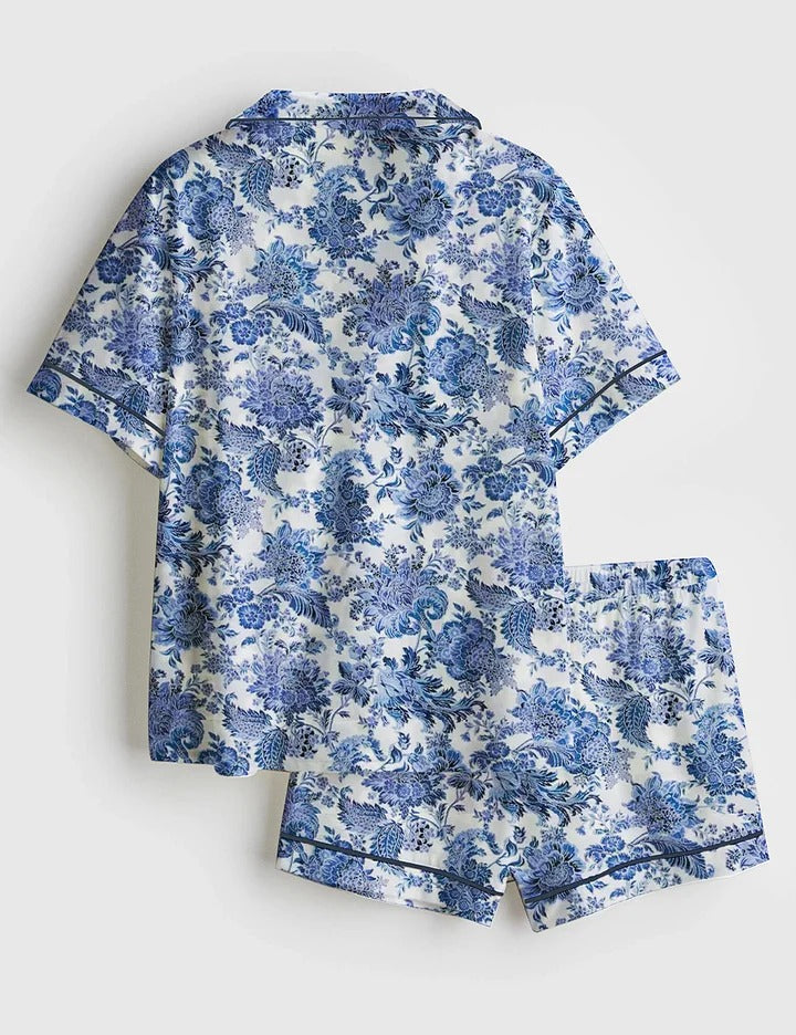 Women's Rose To Fame Blue & White Floral Short Sleeve Satin Pajama Set