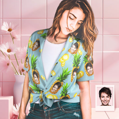 Custom Face Hawaiian Shirt Women's All Over Print Big Pineapple Short Sleeve Shirt