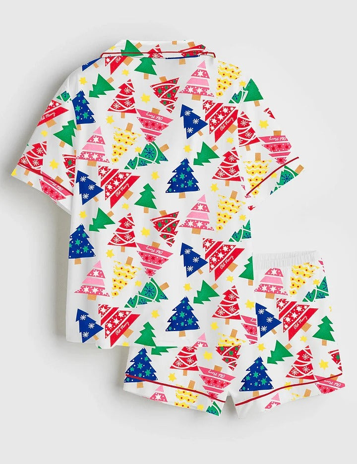 Women's Christmas Tree Short Sleeve Satin Pajama Set