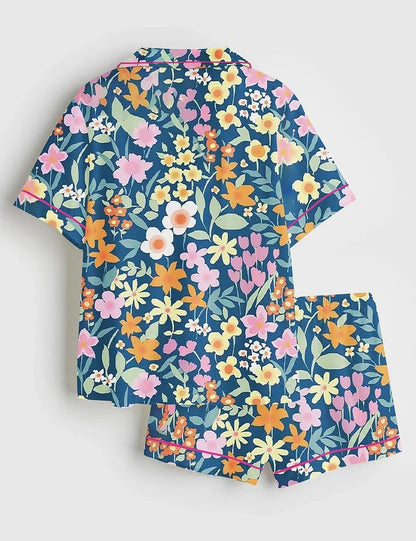 Women's Full Bloom Navy Floral Short Sleeve Satin Pajama Set
