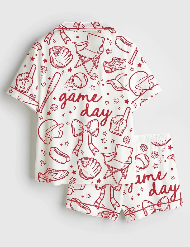 Women’s Baseball Game Day Coquette Hand Drawn Doodle Print Short Sleeve Satin Pajama Set