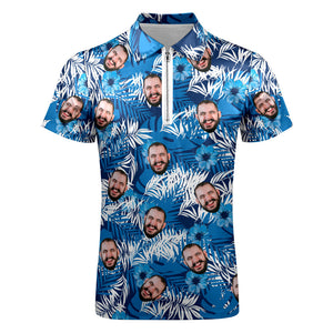 Custom Face Polo Shirt with Zipper Personalized Hawaiian Style Polo Shirt for Men