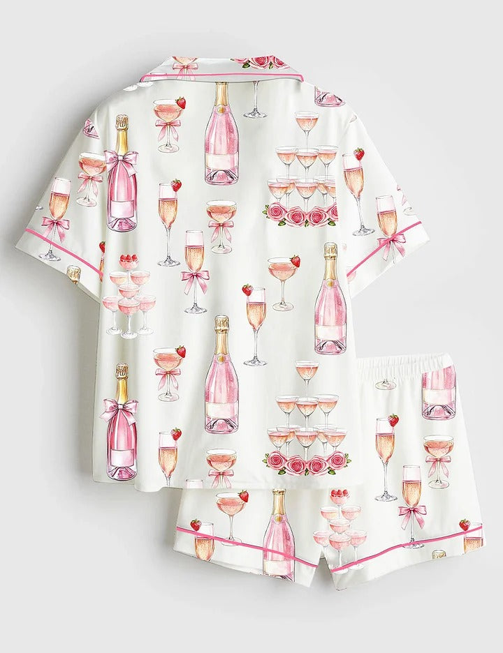 Women's Pink Champagne Bridal Shower Champagne Tower Celebration Short Sleeve Satin Pajama Set