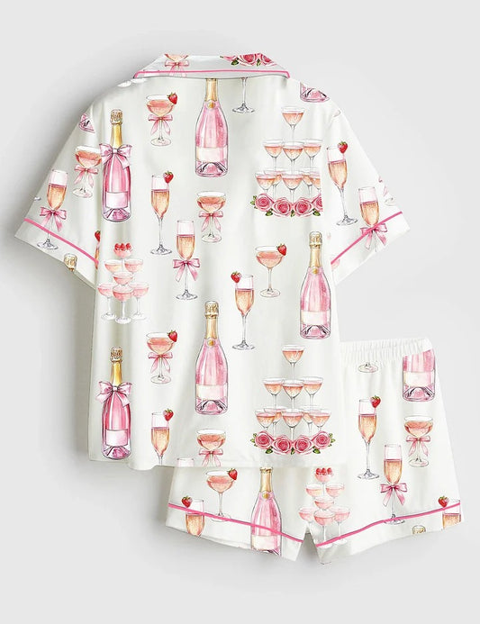 Women's Pink Champagne Bridal Shower Champagne Tower Celebration Short Sleeve Satin Pajama Set