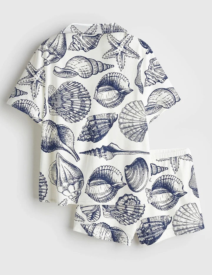 Women’s Vintage Seashell Coastal Aesthetic Summer Beach Travel Ocean Print Short Sleeve Satin Pajama Set