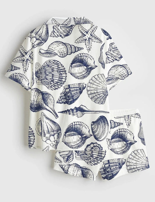 Women’s Vintage Seashell Coastal Aesthetic Summer Beach Travel Ocean Print Short Sleeve Satin Pajama Set