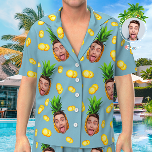 Custom Face On Pajamas Set, Short Sleeve Sleepwear, Button-Down Nightwear - Pineapple