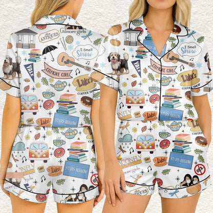 Fall Season Luke Diner's Coffee Short Satin Pajamas, Squad Goals Bride Pajamas, Movie Pajamas Set, Gift for Movie Lover Loungewear  Nightwear