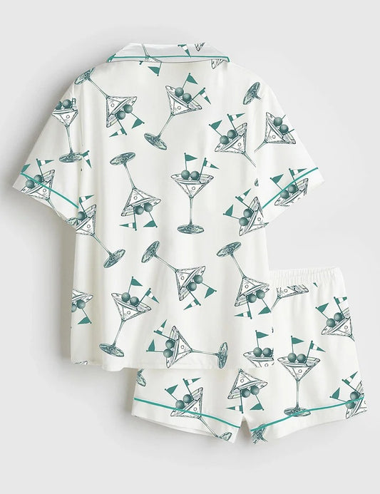 Women’s Golf Martini Augusta Masters Golf Tournament Preppy Cocktails Print Short Sleeve Satin Pajama Set