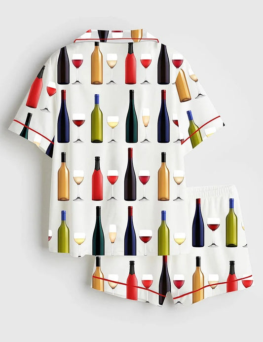 Women's Wine Bottle Short Sleeve Satin Pajama Set