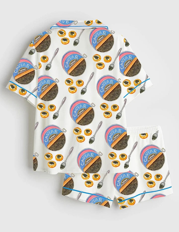 Women's Watercolor Caviar Art Print Short Sleeve Satin Pajama Set