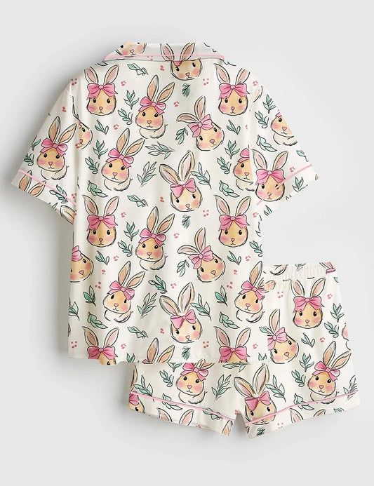 Women's Coquette Easter Bunny Short Sleeve Satin Pajama Set
