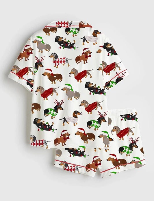 Women's Christmas Dachshund Short Sleeve Satin Pajama Set