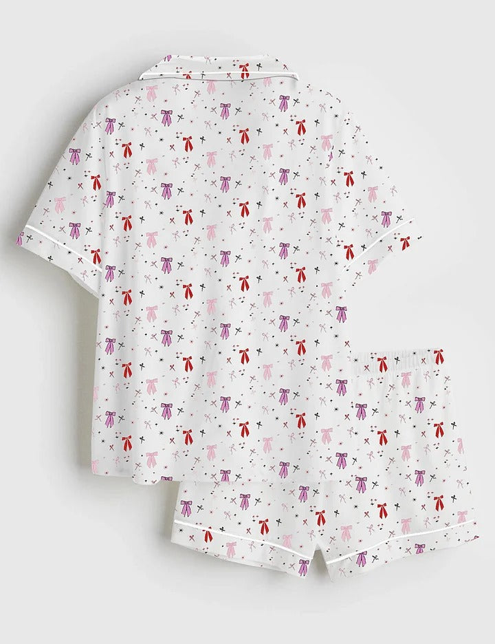 Women's Coquette Bow Short Sleeve Satin Pajama Set