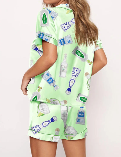 Tequila Bottle Satin Pajama Set For Women