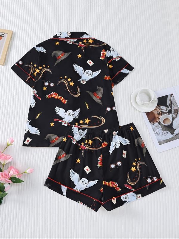 Women's Owl Print Short Sleeve Top & Elastic Waist Shorts Pyjama, Casual Comfy T-shirt & Shorts PJ Set, Ladies Sleepwear for Summer, Loungewear